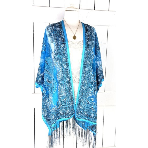 Blue paisley sheer stretch jersey burnout kimono cardigan jacket cover up - Picture 3 of 6